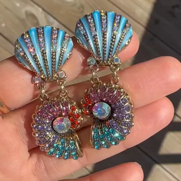 Anthropologie Seashell Blue Ocean Crystal Earrings - Picture 8 of 9